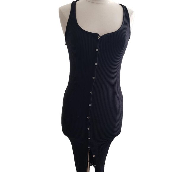 Zara Bodycon Ribbed Knit Button Down Sleeveless Black Midi Dress - Picture 8 of 11